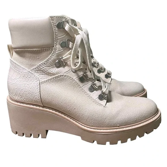 Dolce Vita Hank Canvas Chunky Heel‎ Combat Boots Lace Zip Creme Size 8.5 - Picture 2 of 10